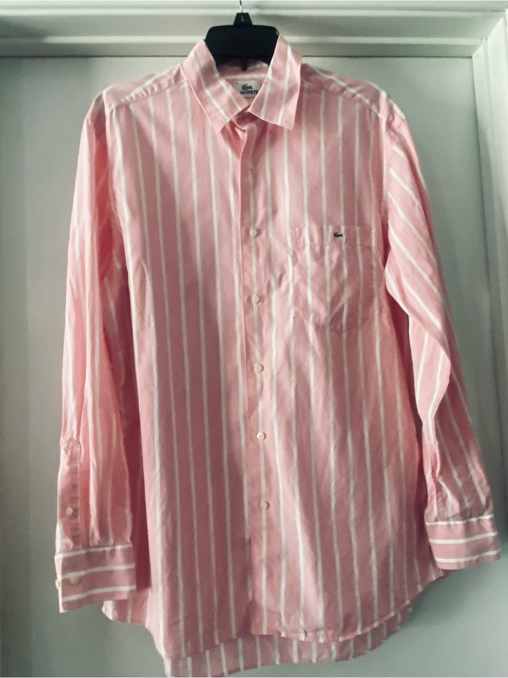 Lacoste Men’s Pink and White Striped Dress Shirt